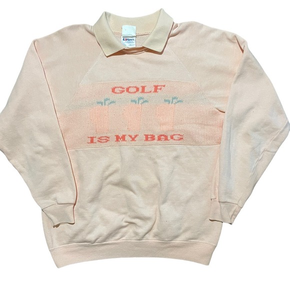 Grande Ronde Knits Hanes Tops - Vintage "Golf Is My Bag" Pink Crewneck Sweatshirt L 42-44 USA 80s Golf Is My Bag